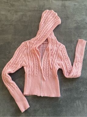 Pink Cable Knit Cropped Zip Hoodie Cardigan Small